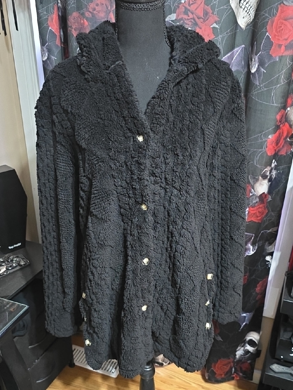 Fluffy Black Button-Up Women's Hooded Cardigan Sweater